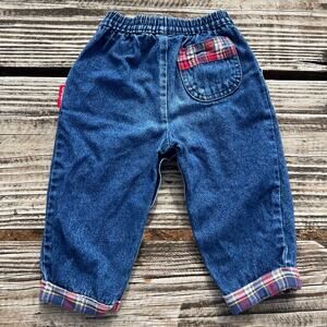 Vintage OshKosh Flannel Trim Jeans 18M | Y2K Toddler Denim Snap Gusset Elastic